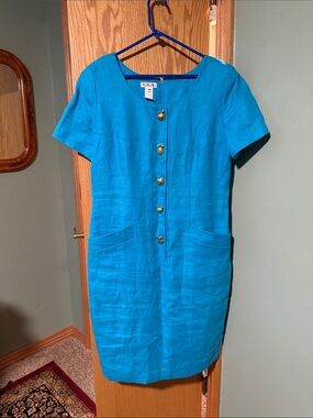 Talbots Turquoise Blue Short-Sleeve Shift Dress with Gold Buttons